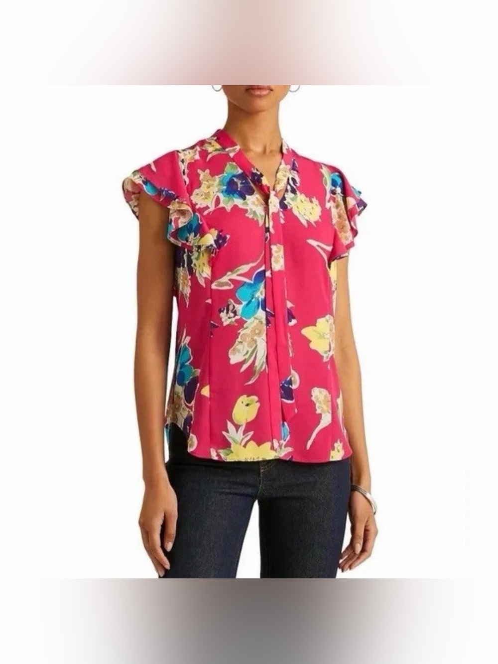 Lauren Ralph Lauren Floral Georgette Tie V-Neck Cap Flutter Sleeve Blouse 3X